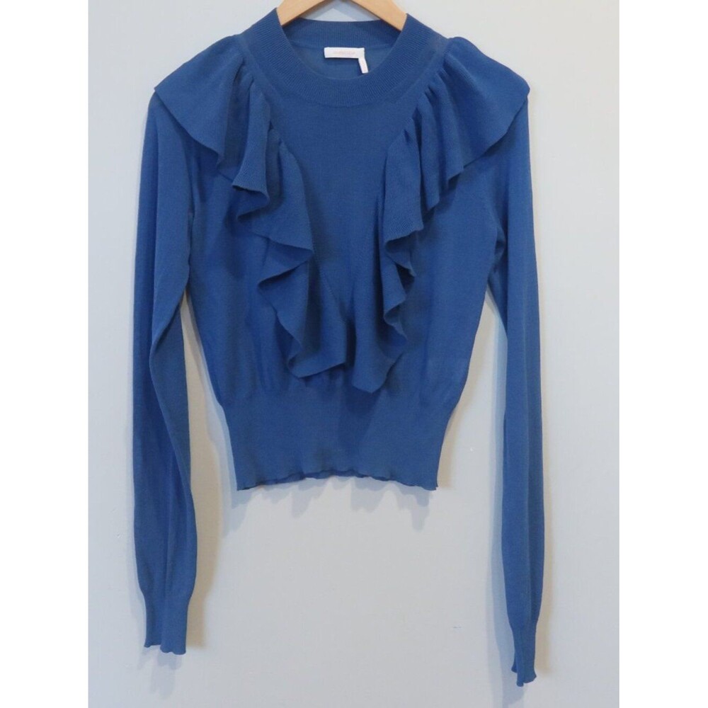 SEE by CHLOE ruffle sweater blue long sleeve casual office stretch S preppy crew